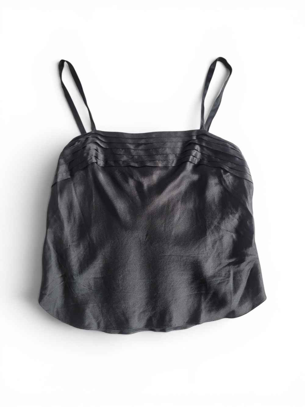 Vintage 100% Silk Black Satin Pleated Camisole Medium